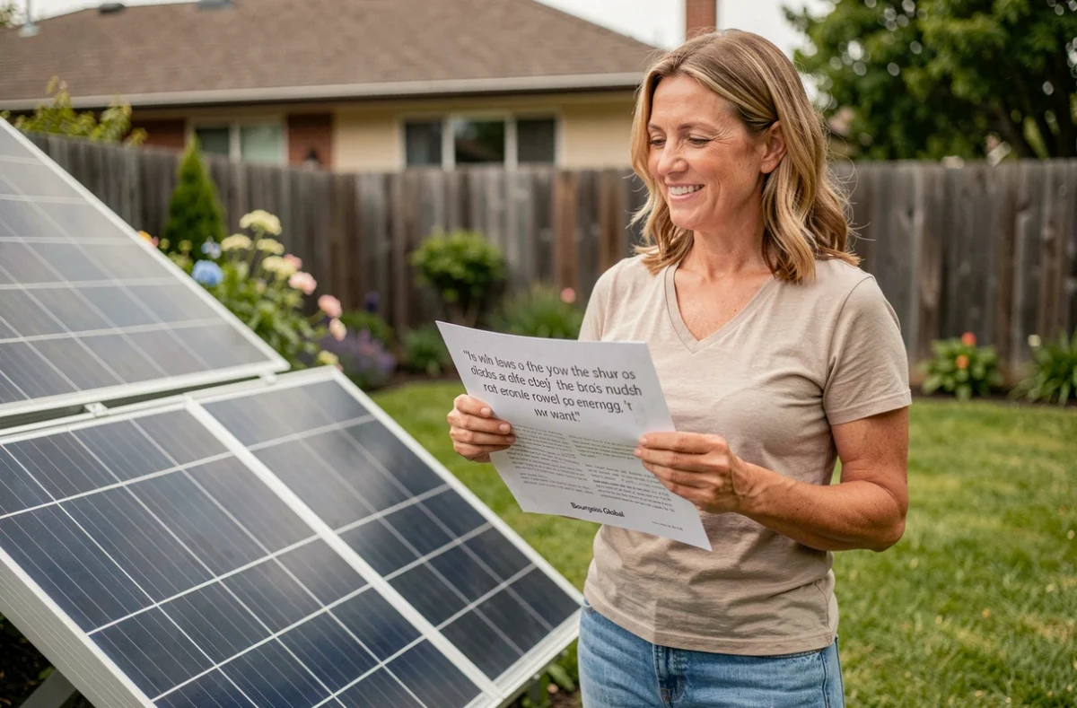 Femme évaluant des devis pour l'installation de panneaux solaires Bourgeois Global dans son jardin