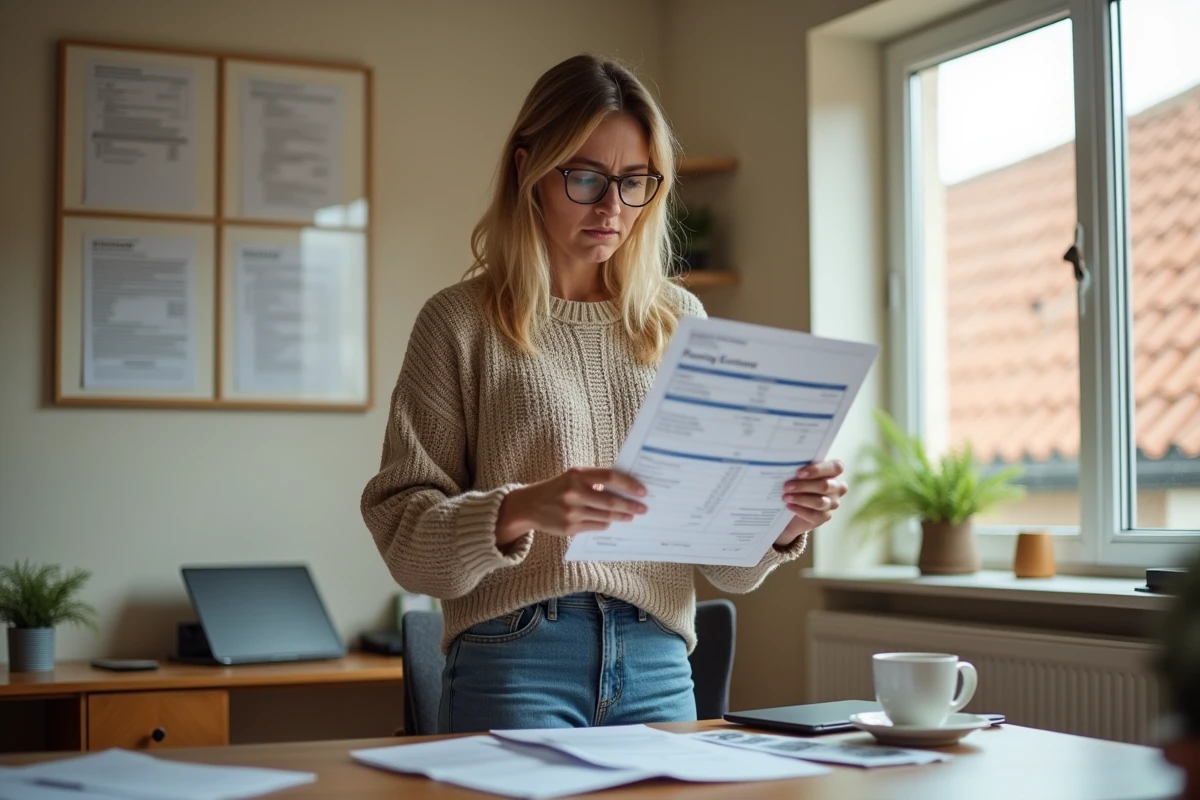 Propriétaire consultant un devis de toiture en tuiles à son bureau à domicile, estimation du budget travaux