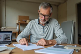 Propriétaire consultant un dossier d'aide à la rénovation TOUSRENOV dans une cuisine en travaux