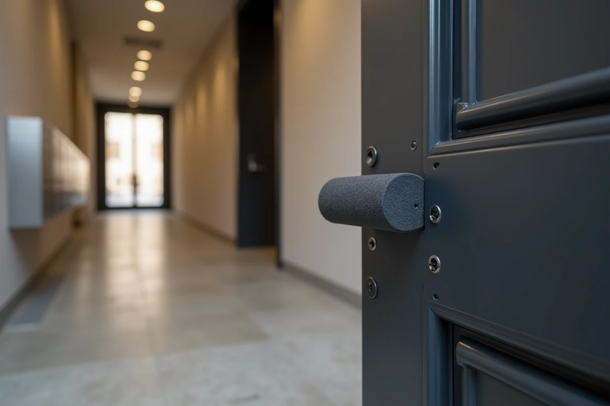 Gros plan sur un protège-doigt en mousse grise fixé sur le cadre d'une porte d'entrée anthracite en immeuble urbain