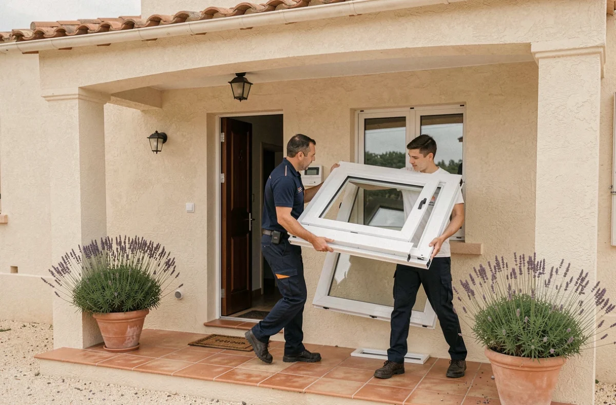 Techniciens de Provence Multiservices transportant un panneau de fenêtre PVC vers une maison provençale dans le Var