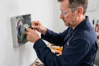 Électricien professionnel effectuant le raccordement de fils électriques multicolores dans un domino de connexion à l'intérieur d'un boîtier de dérivation mural