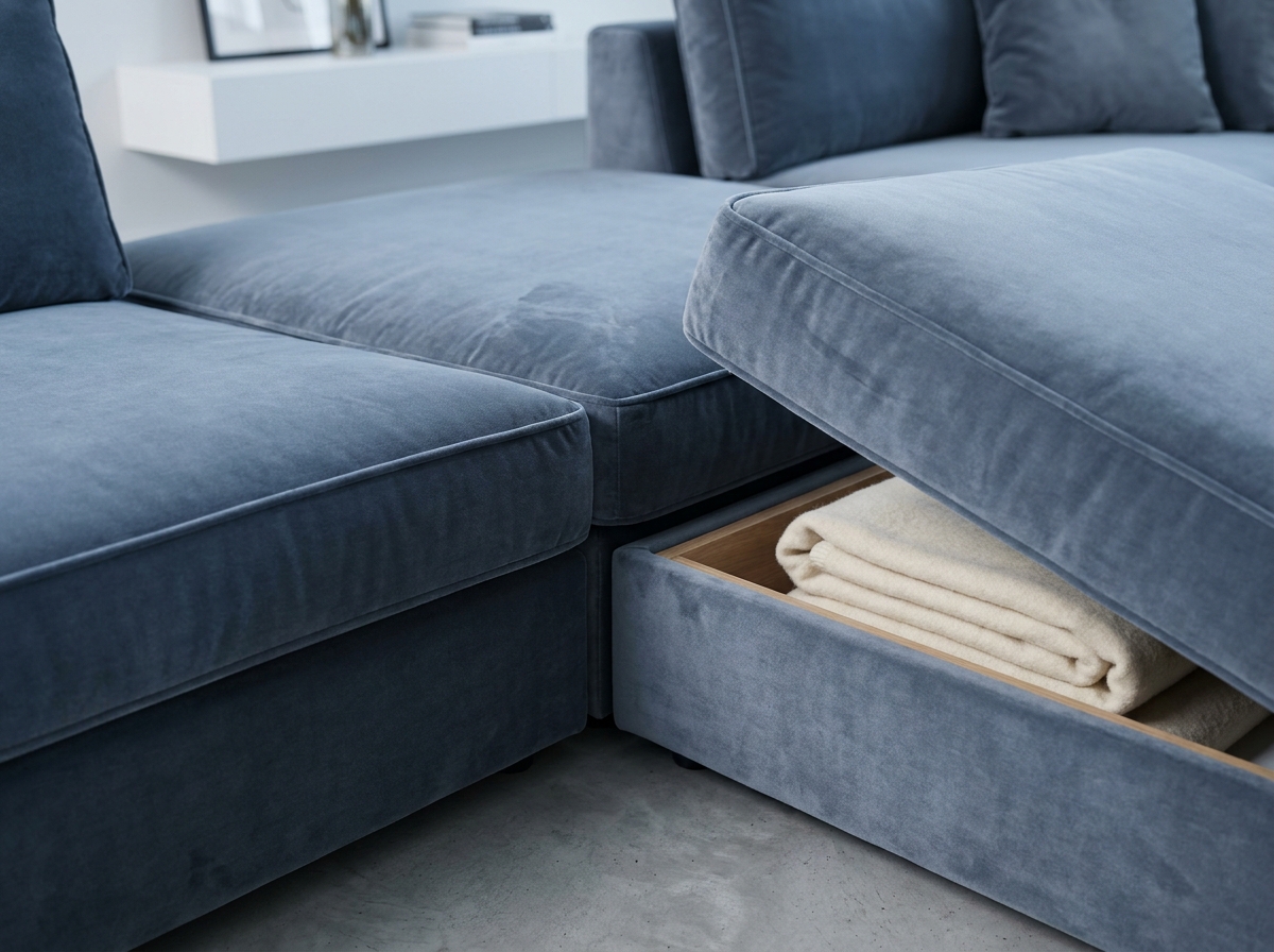 Détail du compartiment de rangement intégré sous un canapé d'angle modulable en velours bleu ardoise avec coussin amovible