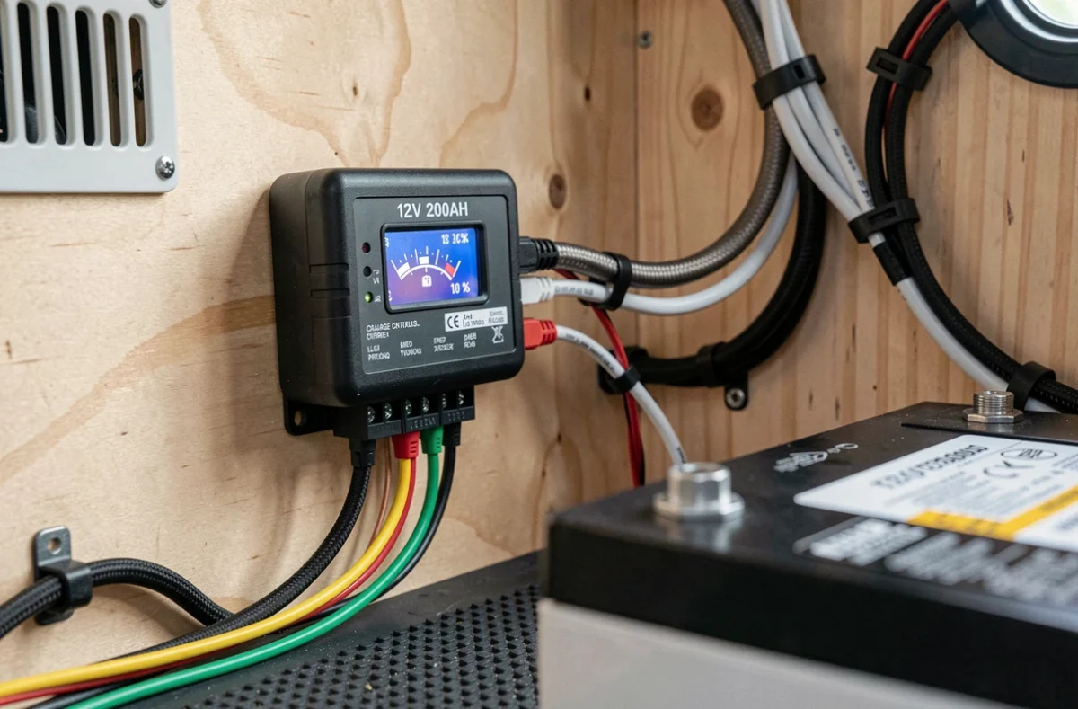 Régulateur de charge solaire connecté à une batterie 12V 200Ah lithium dans un aménagement de van
