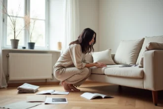 Femme en train de redécorer son salon avec un canapé scandinave et des swatches de tissus, ambiance relooking intérieur 2026