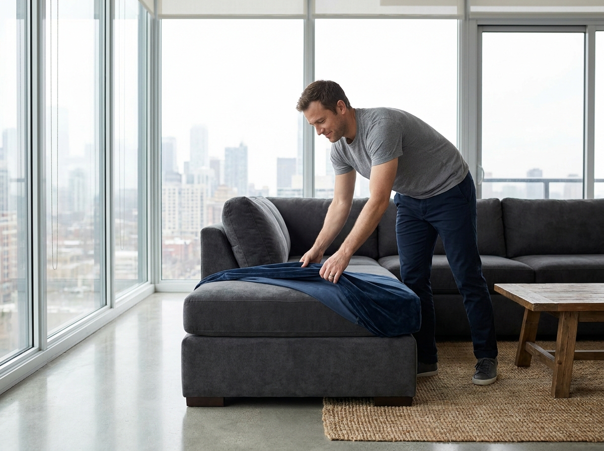 Homme remettant une housse velours bleu marine sur un canapé d'angle dans un appartement contemporain