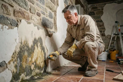 Artisan inspectant des traces d'humidité et de moisissures sur un mur en pierre ancienne dans une maison
