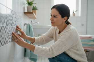 Femme appliquant des decals sur les tuiles de salle de bain