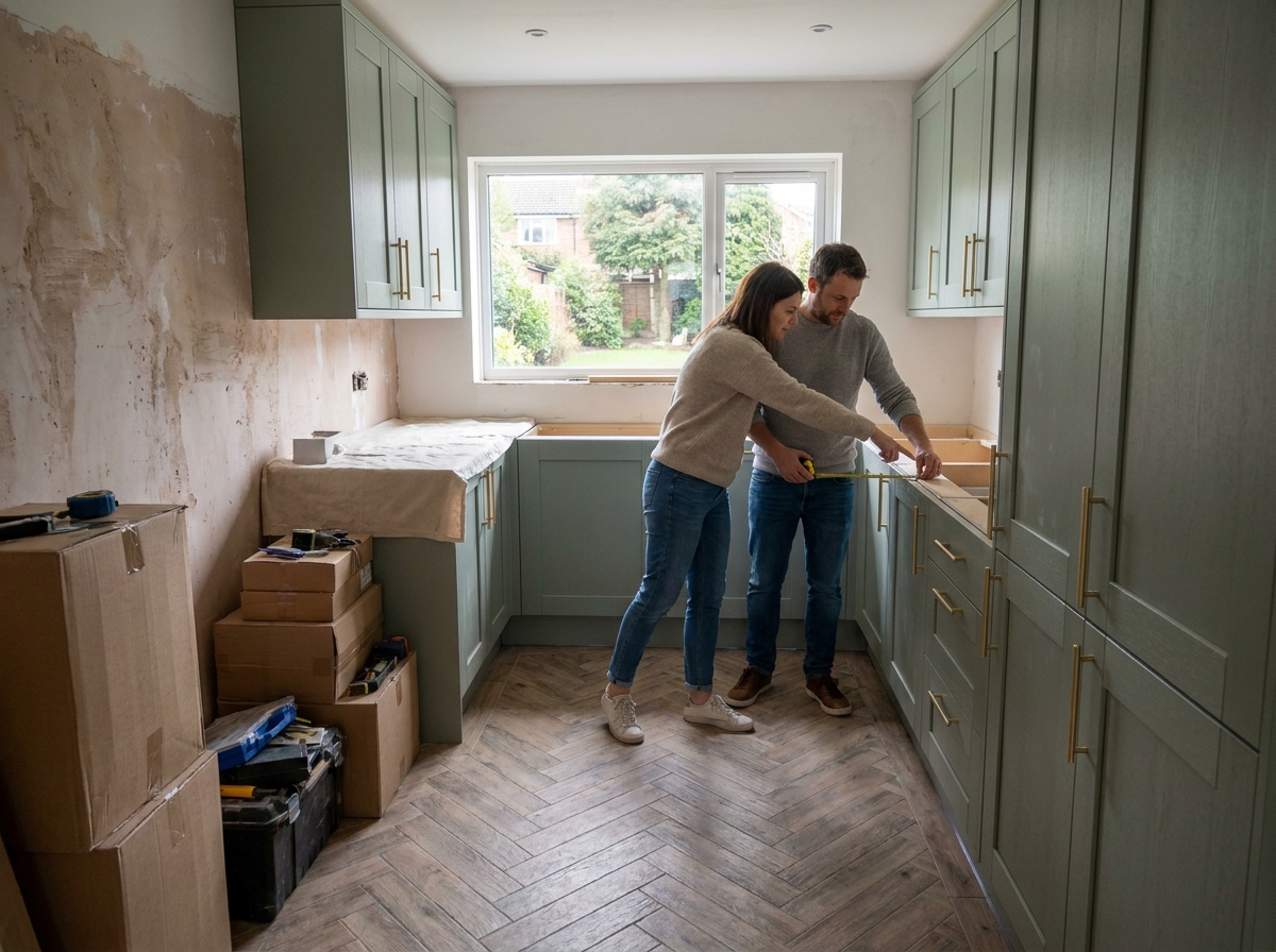 Couple observant l'avancement des travaux de rénovation de leur cuisine en cours d'installation avec meubles sur mesure
