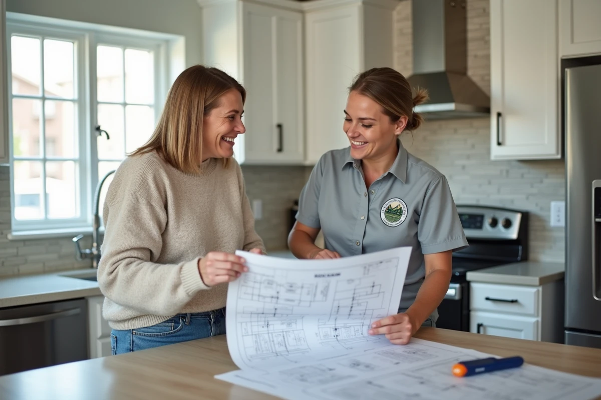 Femme discutant de plans électriques avec une jeune électricienne dans la cuisine