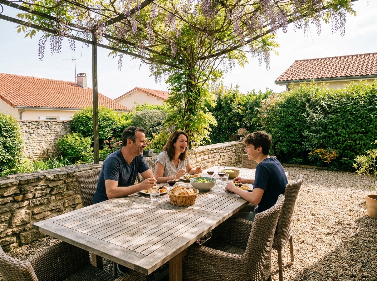 Famille bordelaise réunie autour d'une table de repas extérieure sous une pergola avec glycine en fleur
