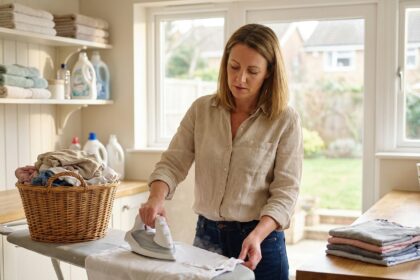 Femme repassant une chemise blanche dans une buanderie encombrée de linge froissé