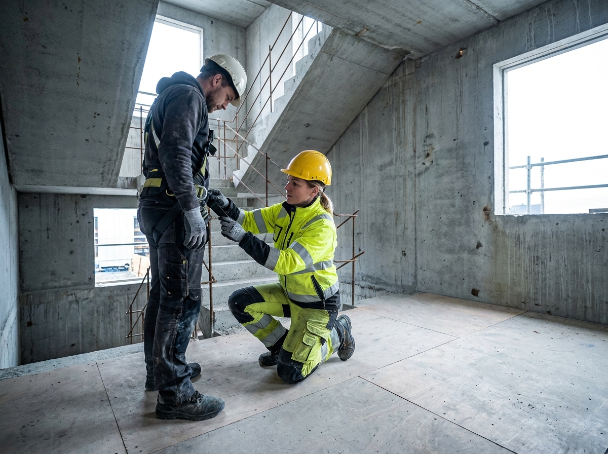Responsable sécurité féminine vérifiant un harnais de sécurité avec un ouvrier à l'intérieur d'un bâtiment en construction
