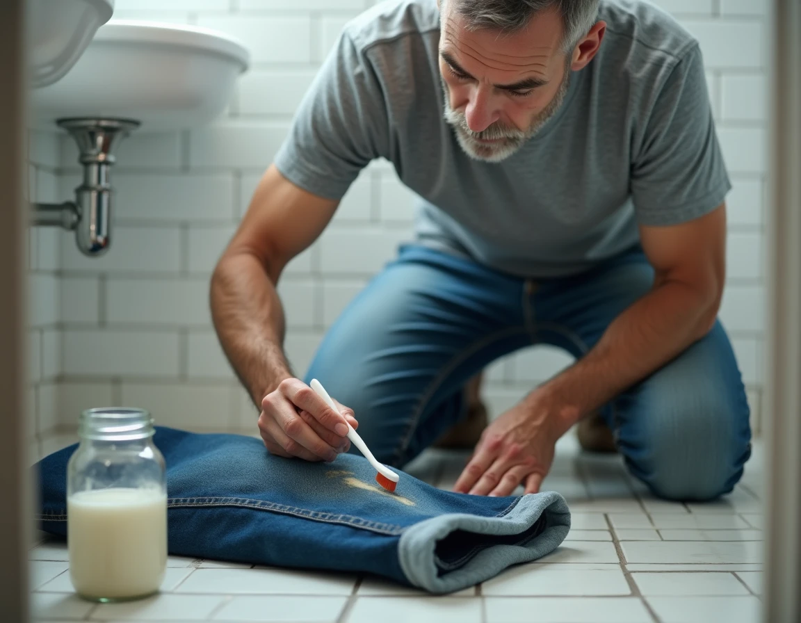 Homme appliquant un mélange maison au vinaigre blanc sur un chewing gum collé sur un jean avec une vieille brosse à dents