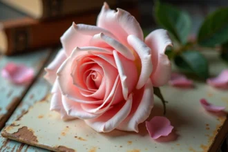 Rose Belle et la Bête rose pâle en pleine floraison posée sur une surface en bois ancien avec pétales séchés et vieux livres