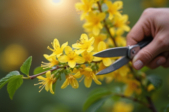 Mains de jardinier avec une tige de chèvrefeuille et ciseaux dans la lumière naturelle