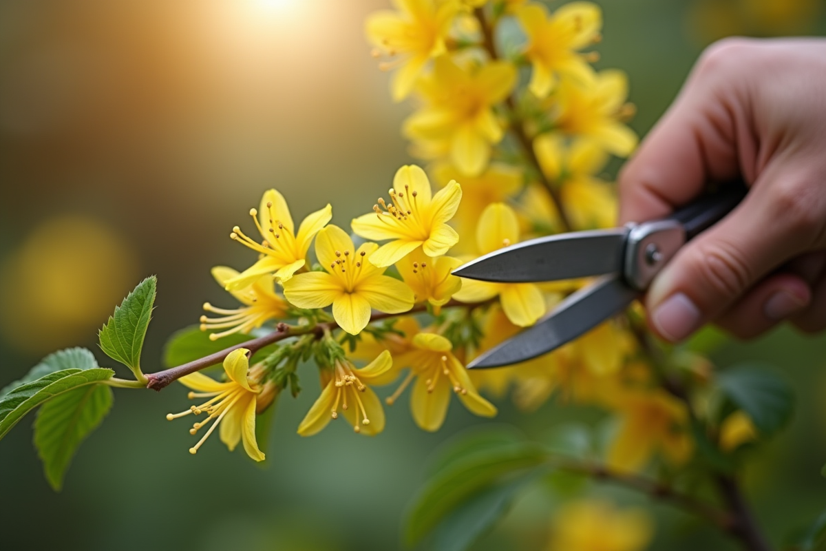 Mains de jardinier avec une tige de chèvrefeuille et ciseaux dans la lumière naturelle