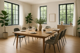 Photo d'une salle à manger contemporaine lumineuse avec grande table en bois