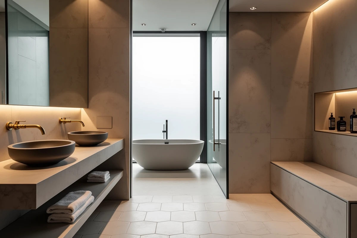 Salle d'eau attenante à la suite parentale avec double vasque, douche à l'italienne et baignoire îlot