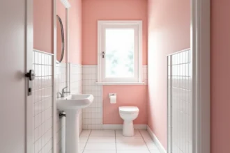 Petite salle de bain peinte en rose blush pour agrandir visuellement l'espace avec des accessoires blancs