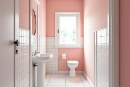 Petite salle de bain peinte en rose blush pour agrandir visuellement l'espace avec des accessoires blancs