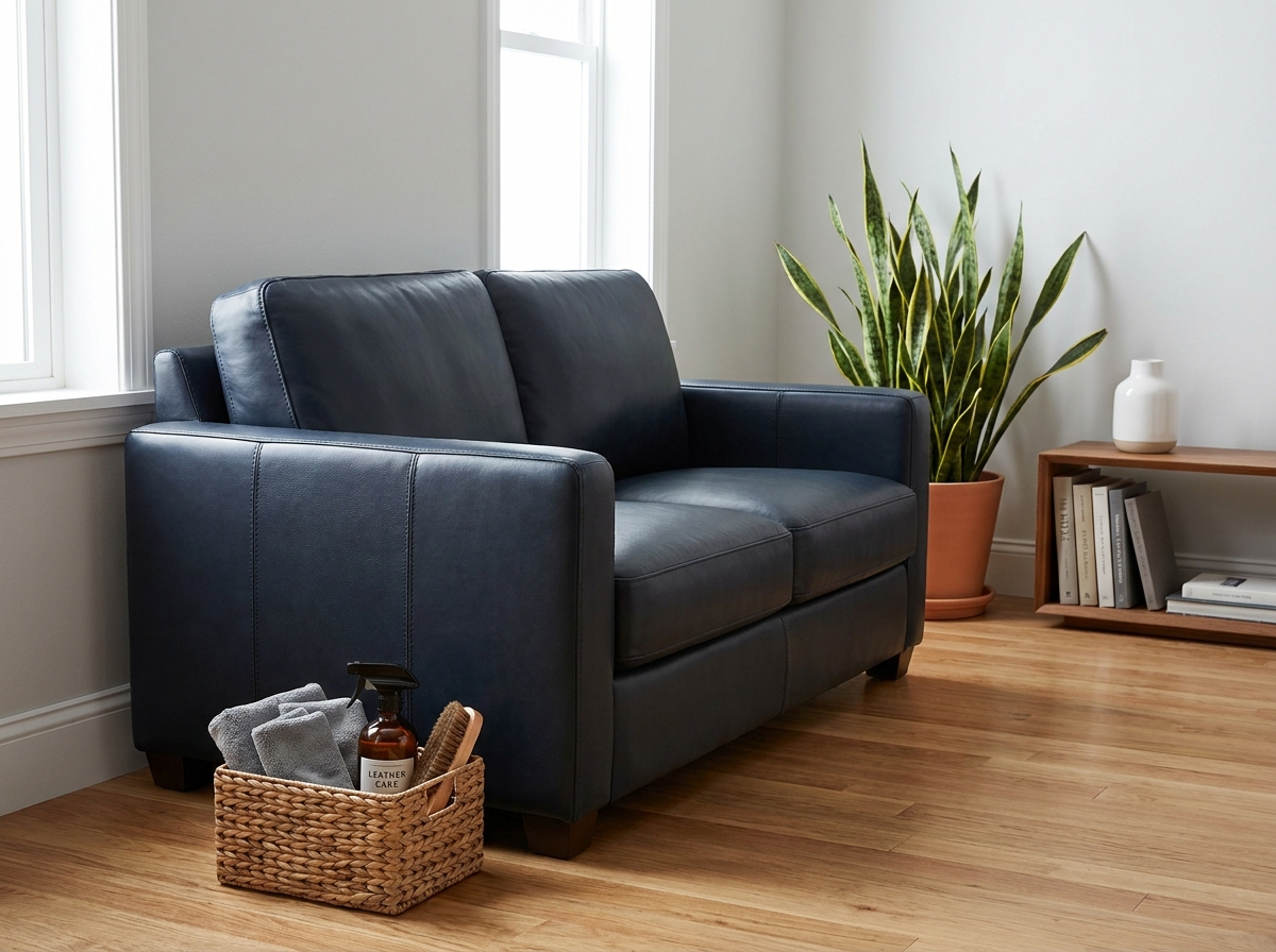 Coin salon avec canapé en cuir bleu marine et accessoires d'entretien organisés dans un panier en osier, représentant une routine d'entretien du cuir contre les allergènes