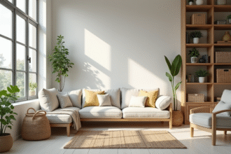 Salon moderne avec lumière naturelle et rangement organisé