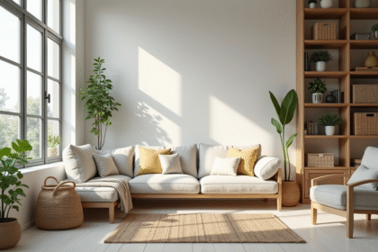 Salon moderne avec lumière naturelle et rangement organisé