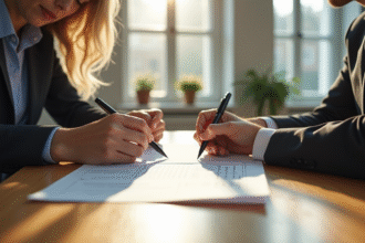 Deux personnes signent un contrat de location dans un bureau lumineux