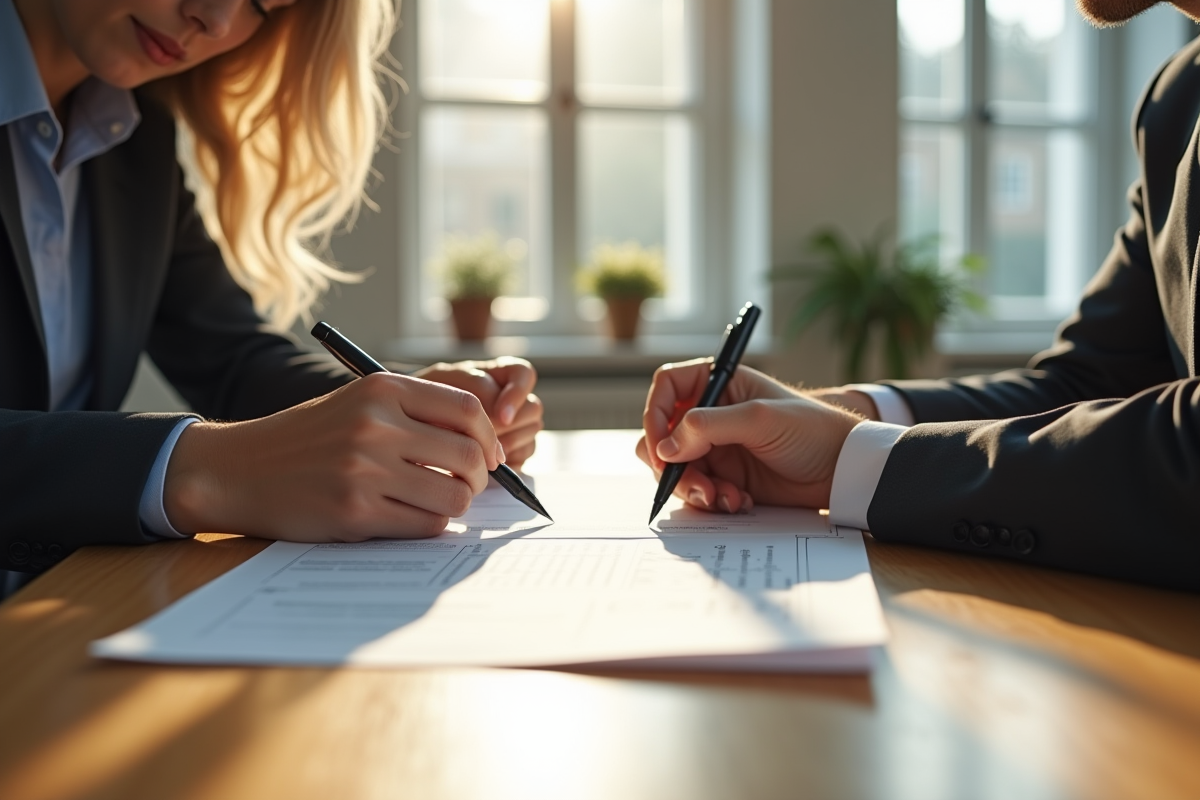 Deux personnes signent un contrat de location dans un bureau lumineux