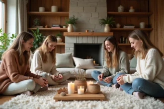 Trois amies réunies dans un salon cosy décorent ensemble une table basse avec des bougies et des éléments naturels dans une ambiance hygge chaleureuse