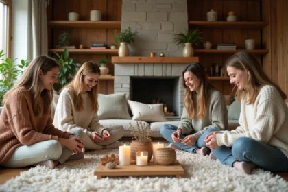 Trois amies réunies dans un salon cosy décorent ensemble une table basse avec des bougies et des éléments naturels dans une ambiance hygge chaleureuse