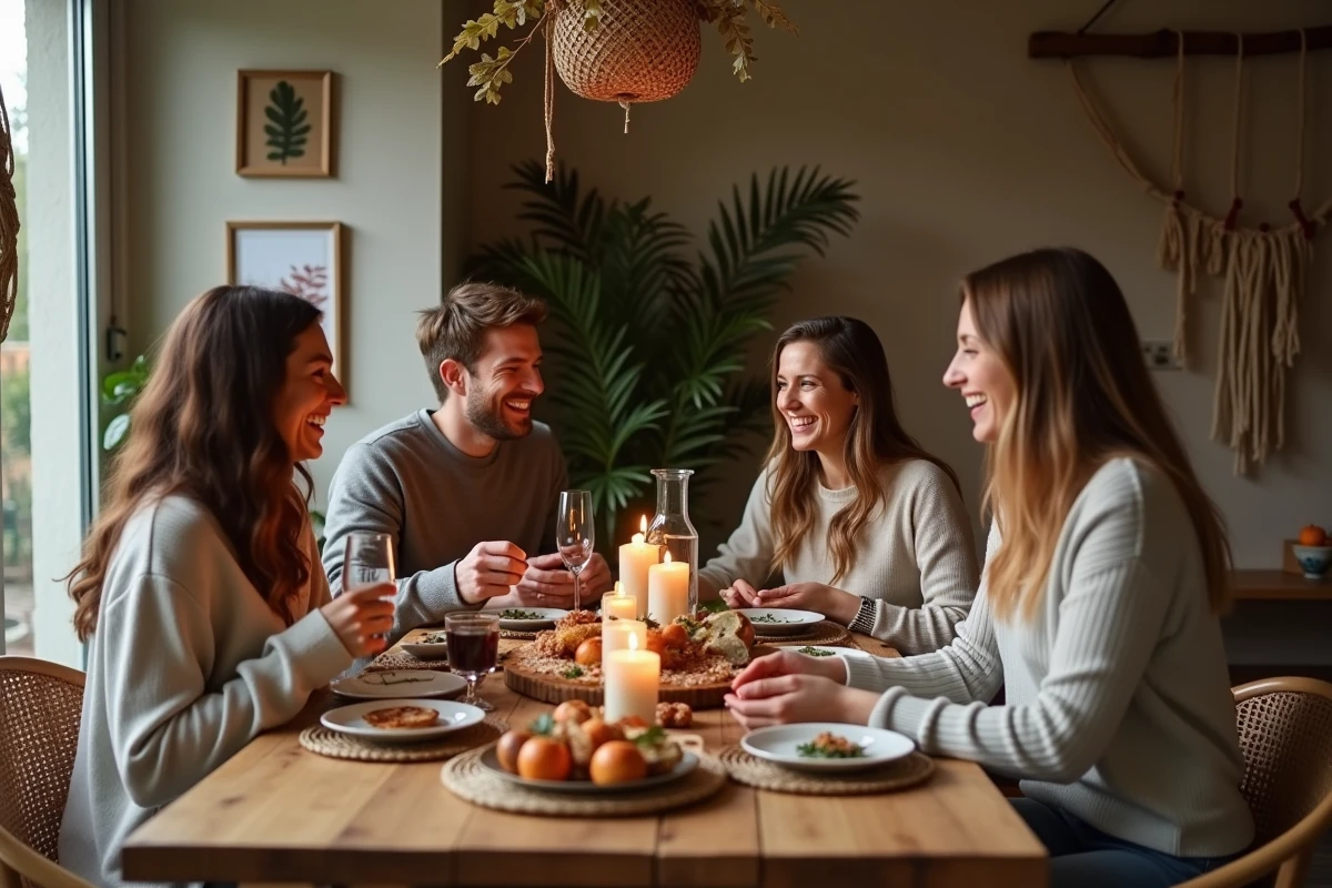 Groupe d'amis réunis autour d'une grande table décorée dans un esprit hygge, partageant un repas convivial avec bougies et décorations naturelles faites maison