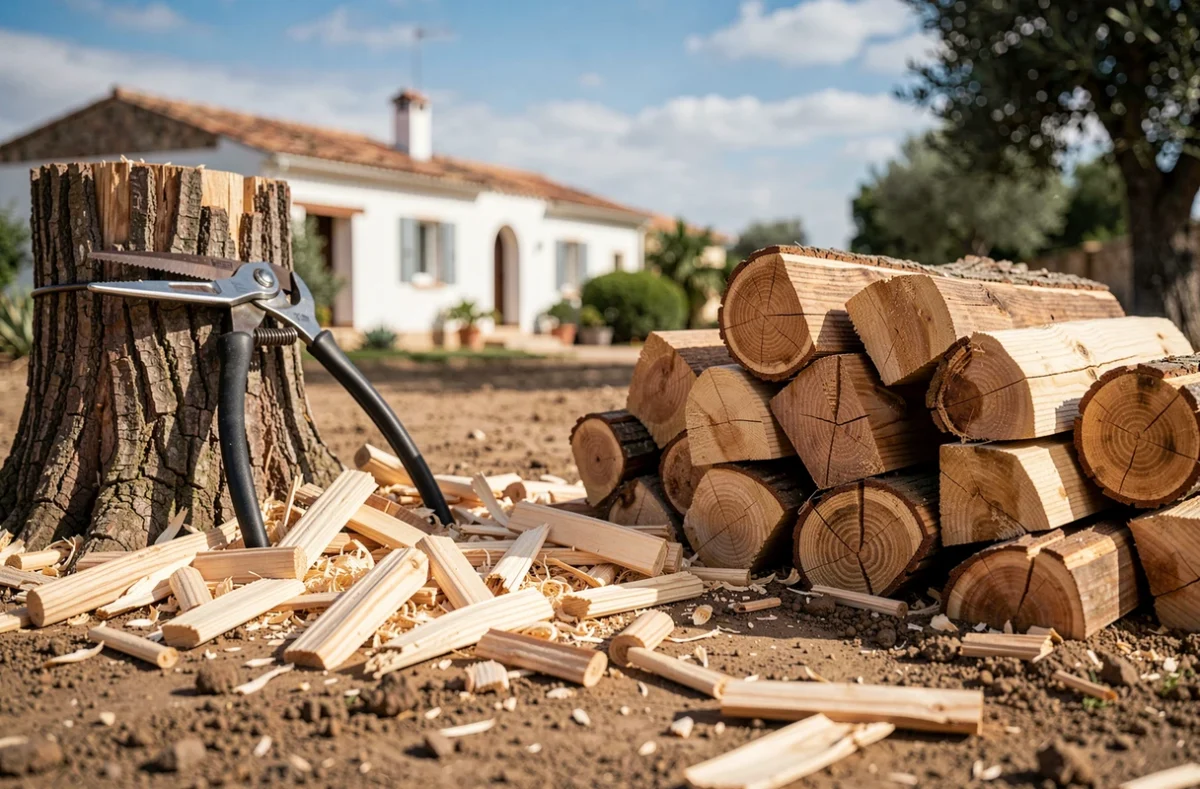 Souches et bois de taille fraîchement coupés après une intervention d'élagage dans un jardin de l'Hérault avec maison provençale en arrière-plan