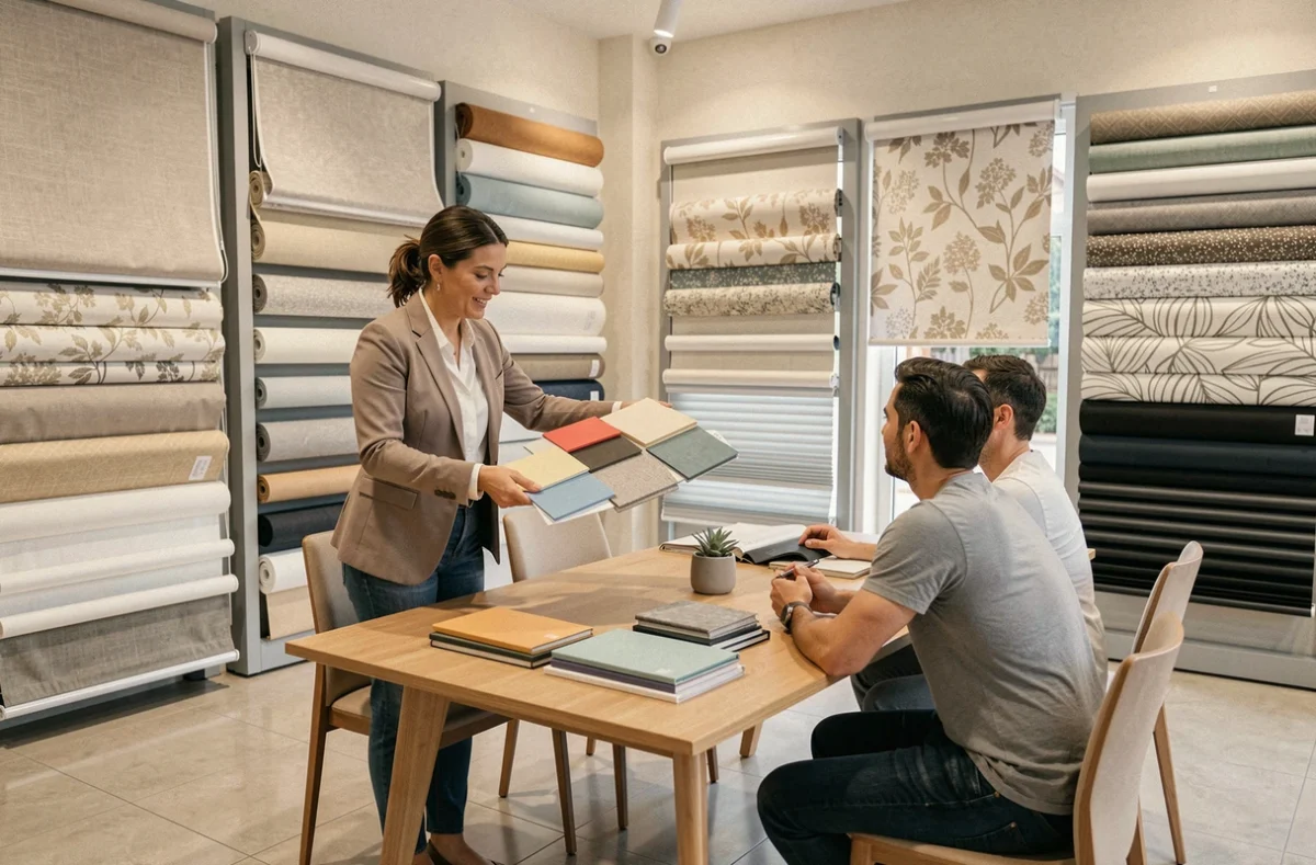 Conseillère de Store Azur présentant des échantillons de stores et volets à des clients dans un showroom du Var