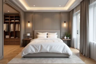 Suite parentale spacieuse avec lit king-size, dressing ouvert et accès salle d'eau, vue grand angle de l'ensemble de la pièce