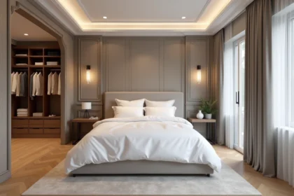 Suite parentale spacieuse avec lit king-size, dressing ouvert et accès salle d'eau, vue grand angle de l'ensemble de la pièce