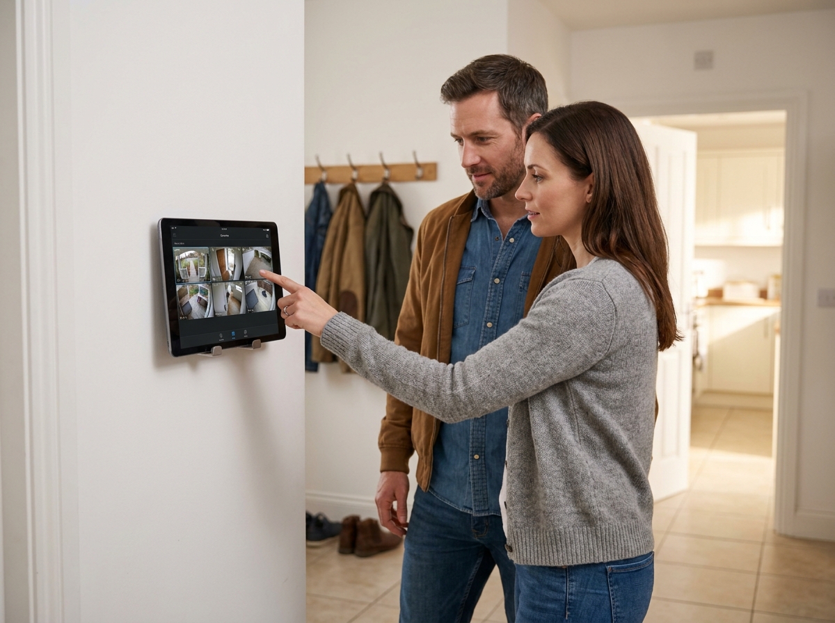 Couple vérifiant les caméras de vidéosurveillance domestique sur une tablette dans le couloir de leur maison