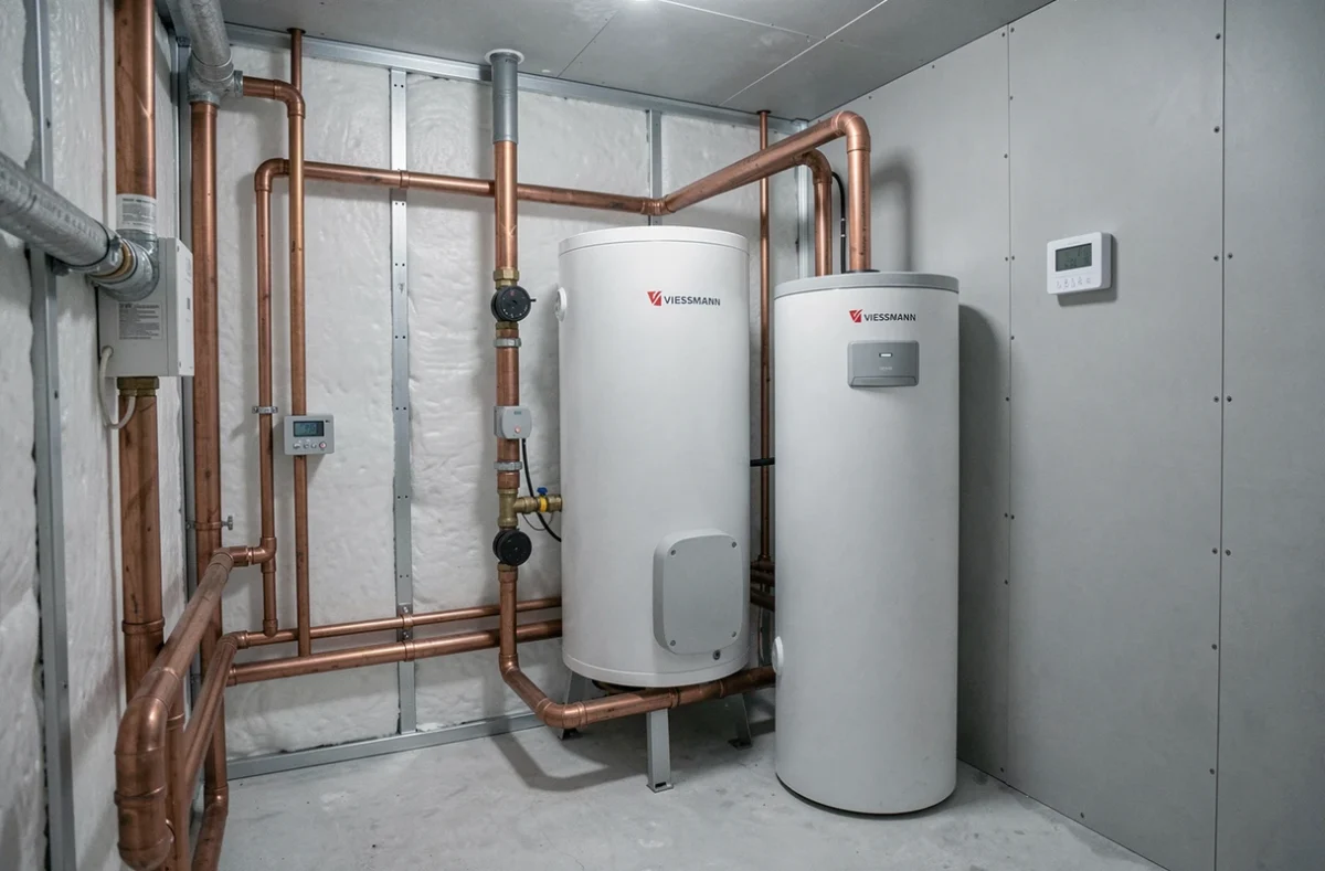 Système de pompe à chaleur Viessmann installé dans une chaufferie résidentielle moderne avec ballon d'eau chaude
