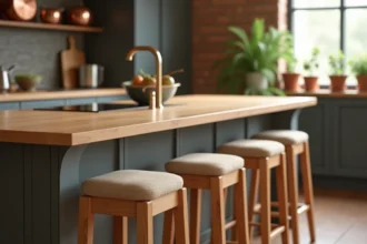 Table bar en bois massif avec tabourets assortis en lin beige dans une cuisine ouverte au style contemporain
