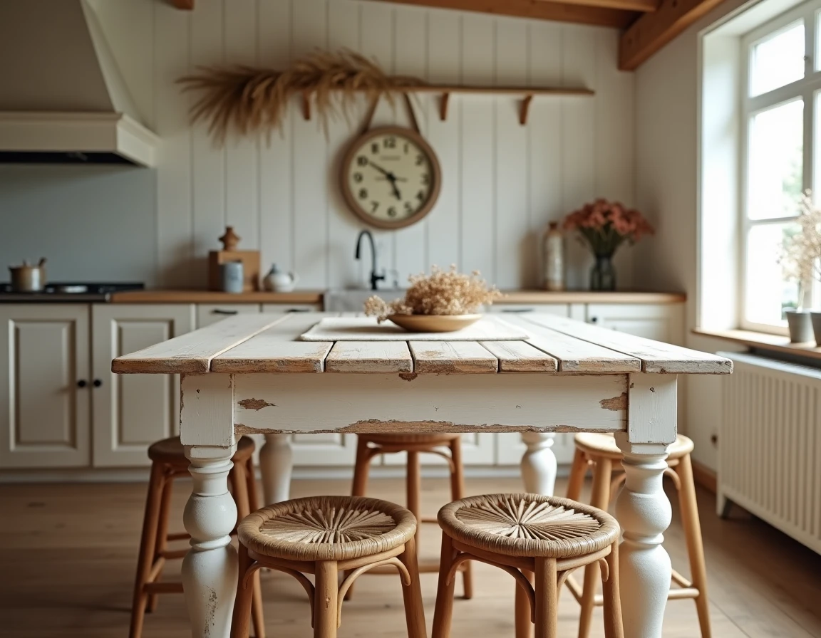 Table bar en pin vieilli avec tabourets en rotin et bois dans un intérieur rustique de style maison de campagne
