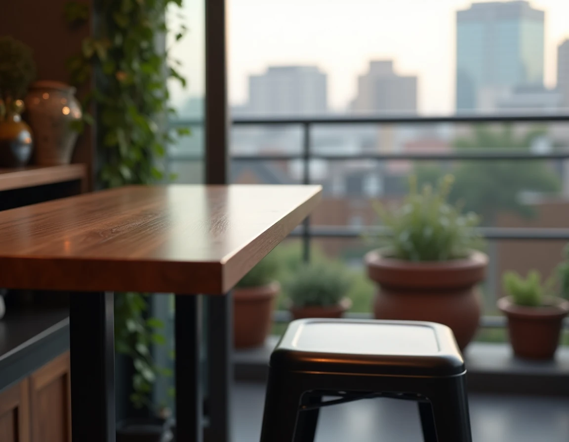 Table haute en noyer foncé avec tabourets assortis devant une fenêtre panoramique avec vue urbaine sur balcon