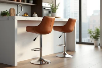 Deux tabourets de bar en cuir cognac réglables en hauteur devant un comptoir en marbre blanc dans une cuisine moderne