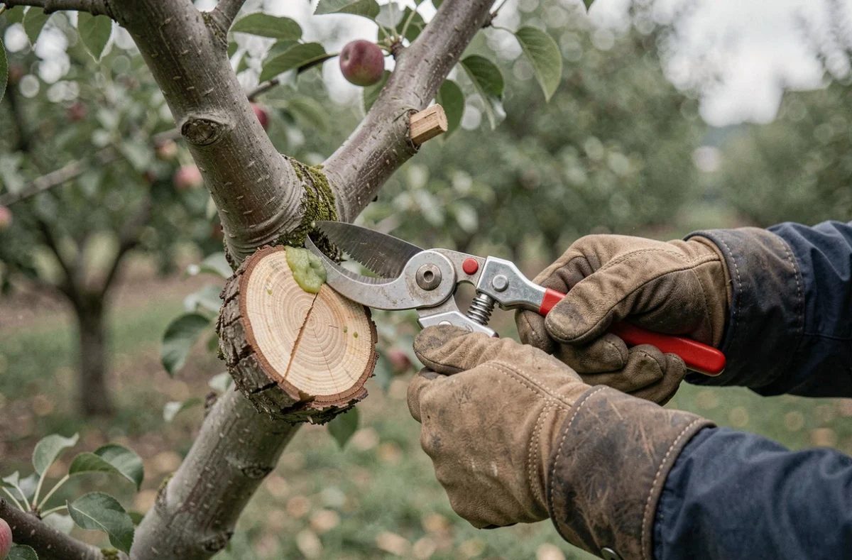 Gros plan sur les mains d'un élagueur utilisant un sécateur professionnel pour tailler une branche d'arbre fruitier