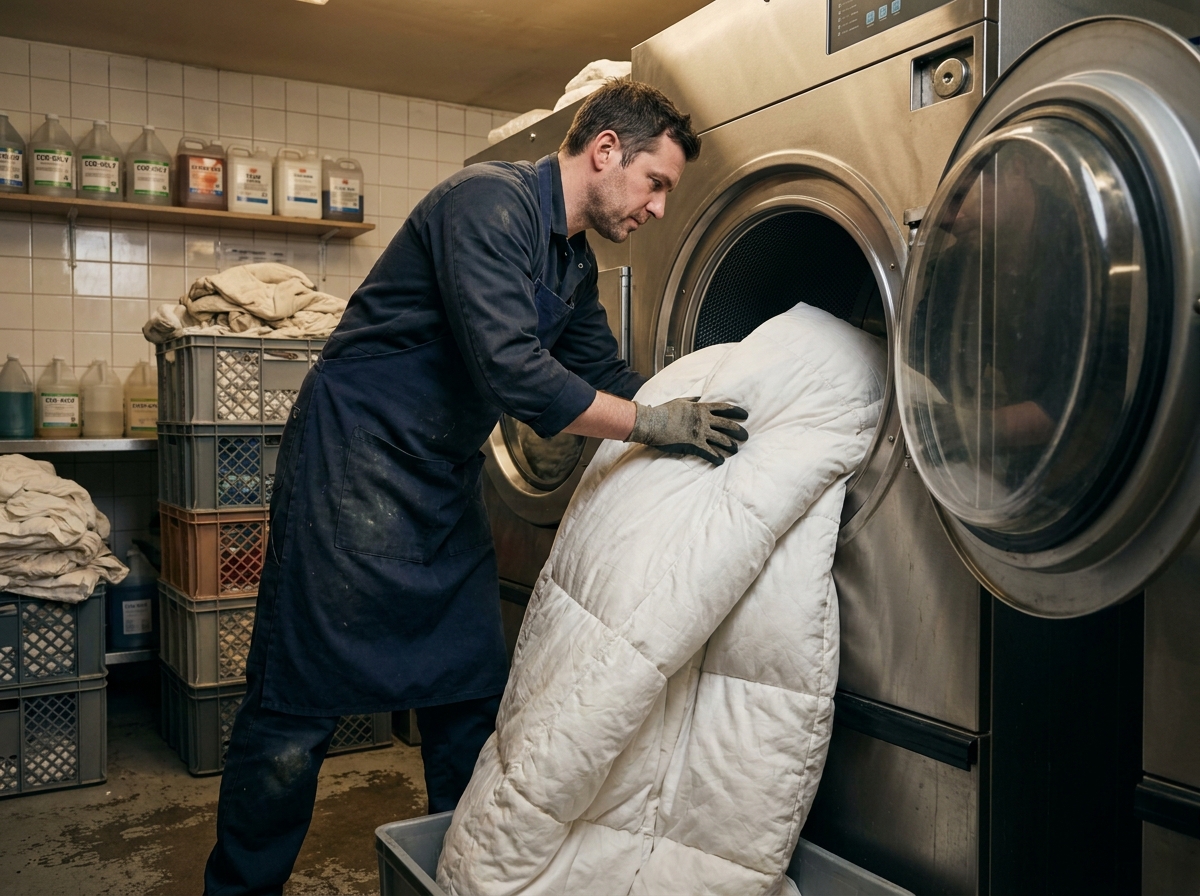 Technicien de pressing chargeant une couette blanche dans une machine à laver industrielle dans un atelier professionnel