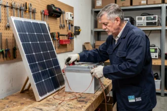 Technicien connectant un panneau solaire monocristallin à une batterie 12V 200Ah dans un atelier garage