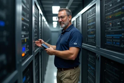 Ingénieur électrique homme près d'un serveur moderne