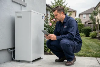 Technicien en train d'effectuer l'entretien d'une pompe à chaleur air eau installée en extérieur d'une maison individuelle