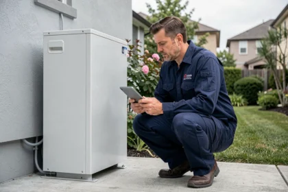 Technicien en train d'effectuer l'entretien d'une pompe à chaleur air eau installée en extérieur d'une maison individuelle