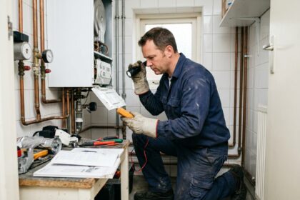 Technicien en train d'inspecter l'intérieur d'une chaudière à gaz ouverte dans une chaufferie domestique